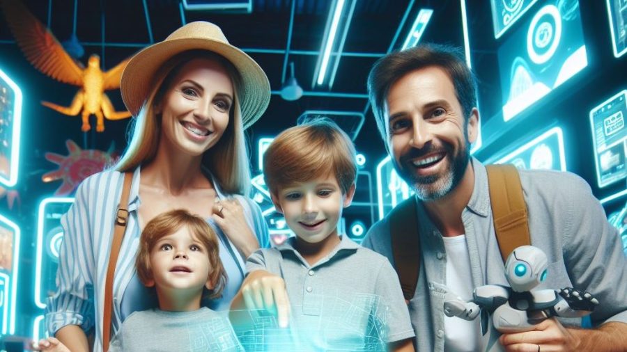 Parents on vacation with kids at a high tech theme park - Generated with AI