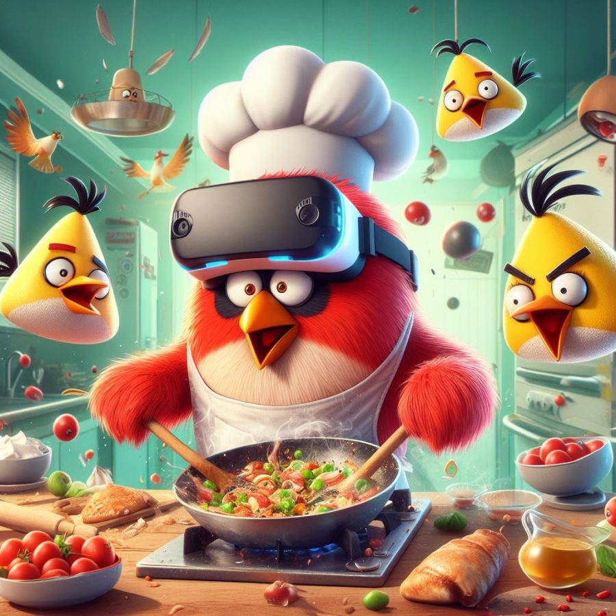 VR angry birds mixed with cooking simulator - Generated with AI