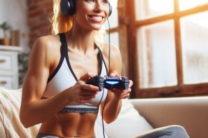 A fit woman enjoying video games - Generated with AI