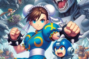 Chun Li from Street Fighter 6 fighting Mega Man from Mega Man Battle Network with monsters from Monster Hunter in the background - Generated with AI