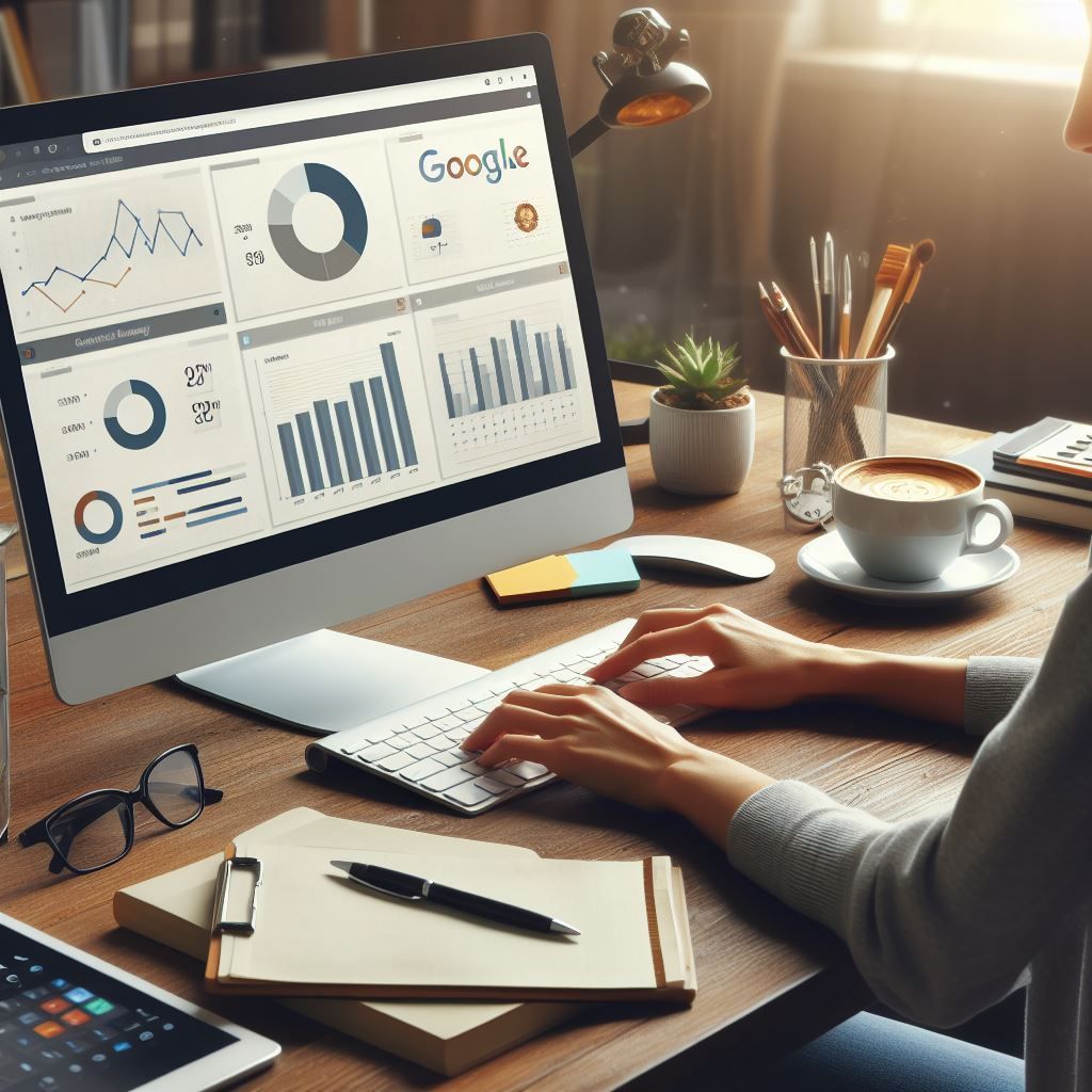 person looking at a computer screen with google analytics - Generated with AI