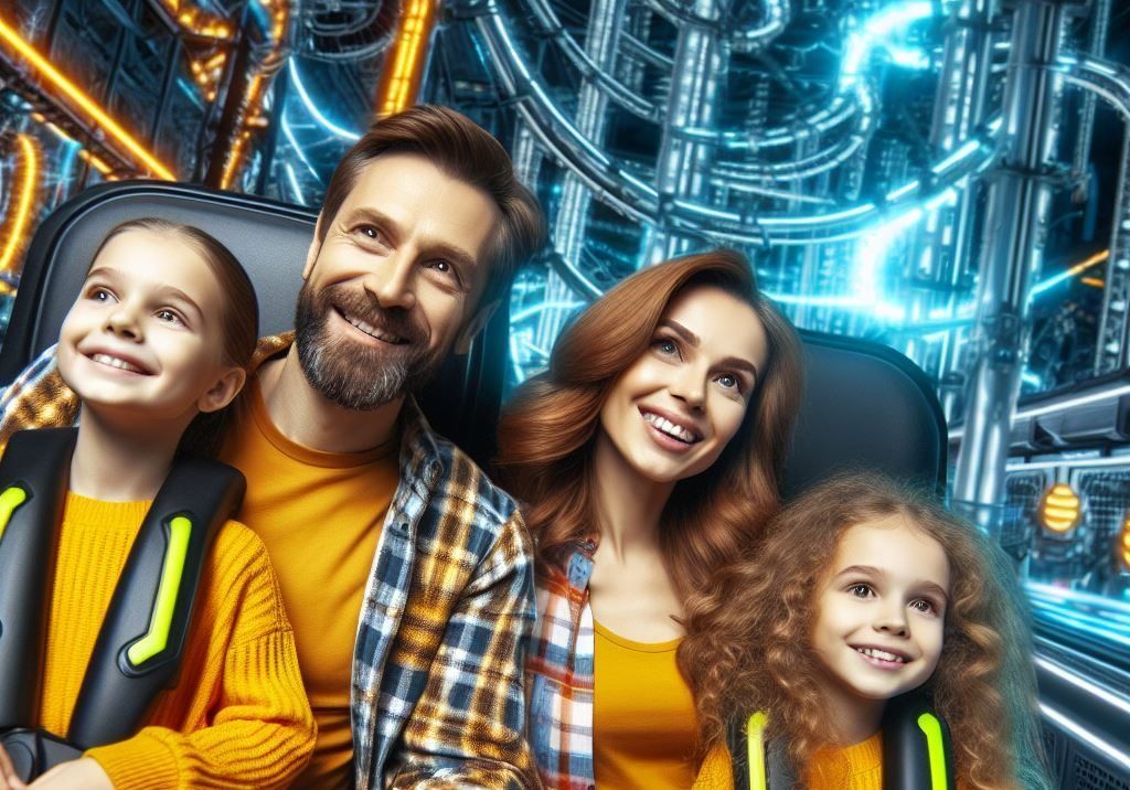 Parents with kids at an extreme and technologically advanced amusement park - Generated with AI