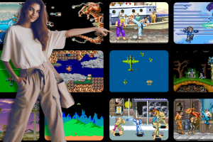 young woman pointing to evercade game screens - partially generated with AI