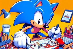 A character that looks like sonic the hedgehog designing a new super mario bros. game - Generated with AI