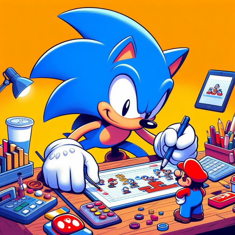 A character that looks like sonic the hedgehog designing a new super mario bros. game - Generated with AI