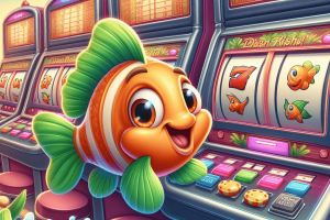 a cartoon fish playing slot machines in a casino - Generated with AI