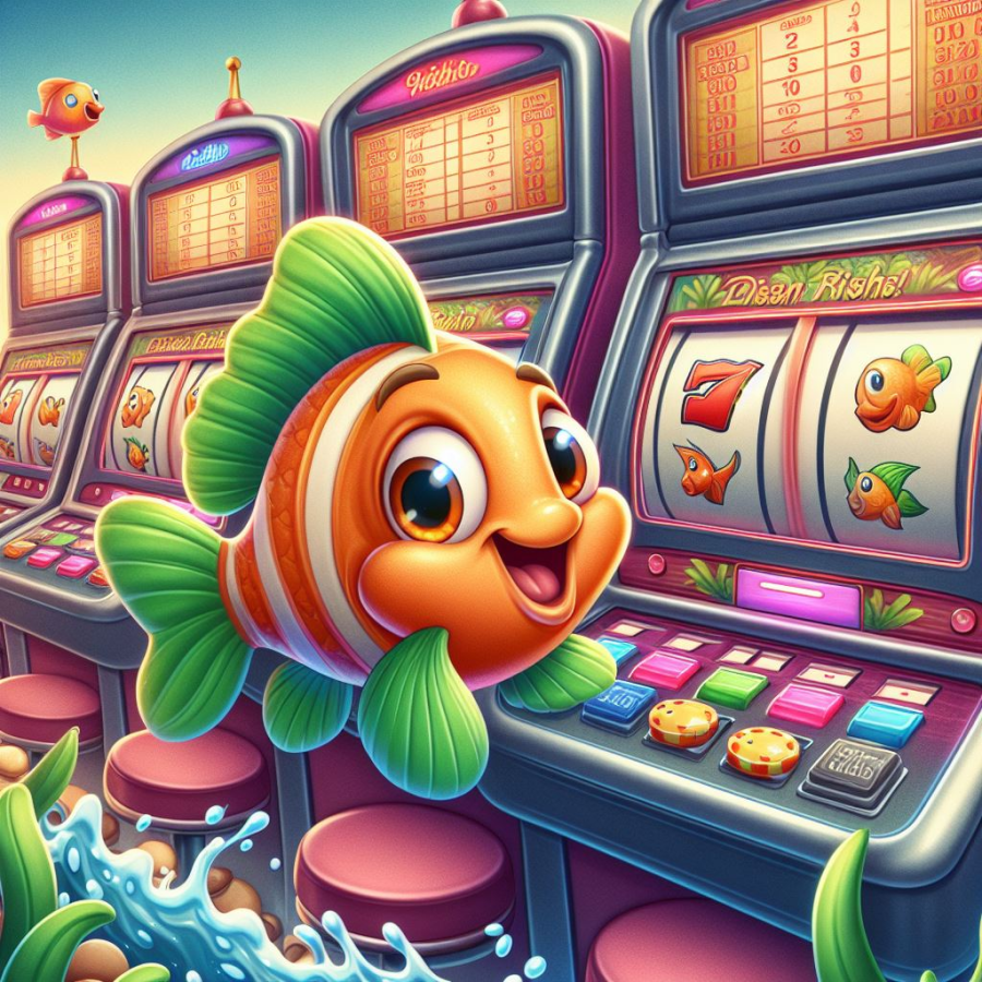 a cartoon fish playing slot machines in a casino - Generated with AI