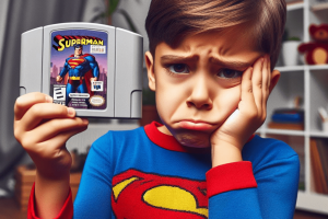 a disappointed kid holding a Superman 64 cartridge - Generated with AI