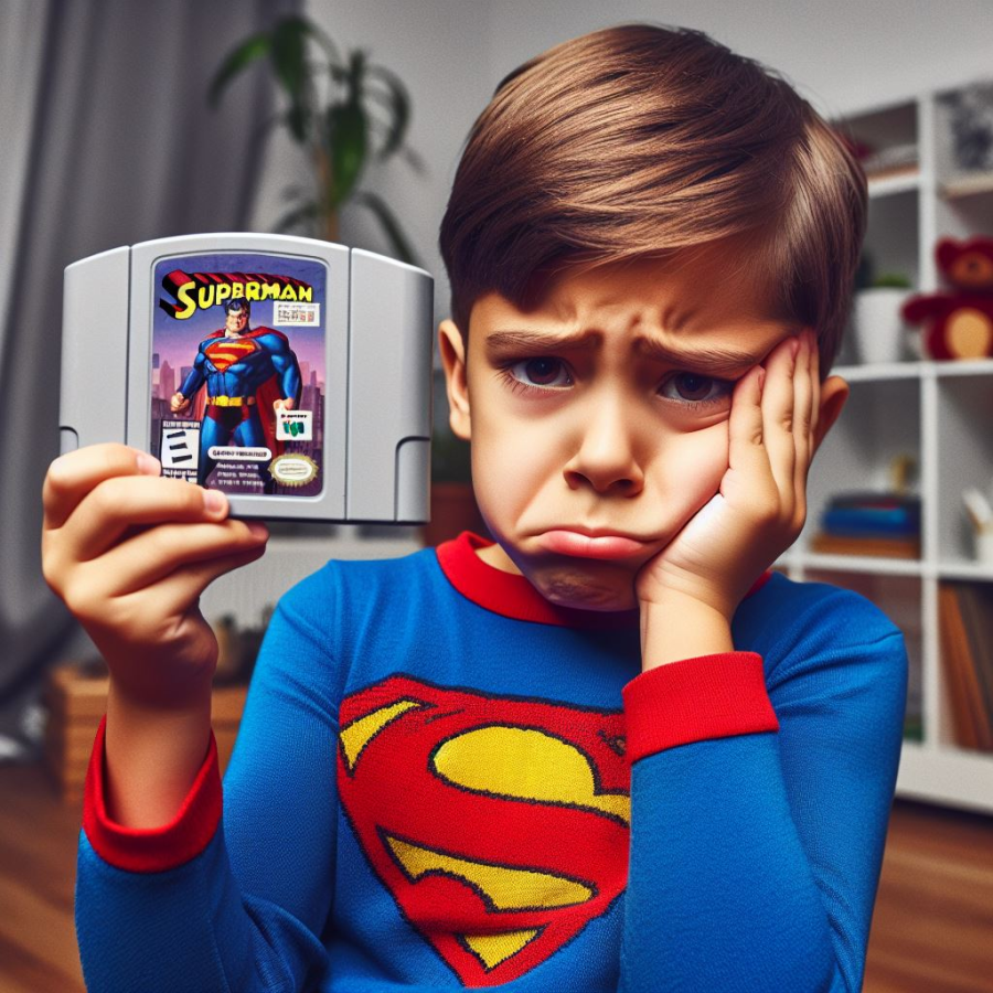 a disappointed kid holding a Superman 64 cartridge - Generated with AI