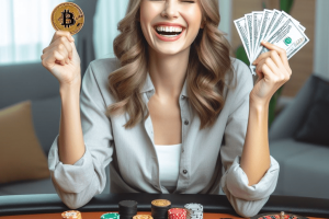 a happy person winning in a bitcoin baccarat game - Generated with AI