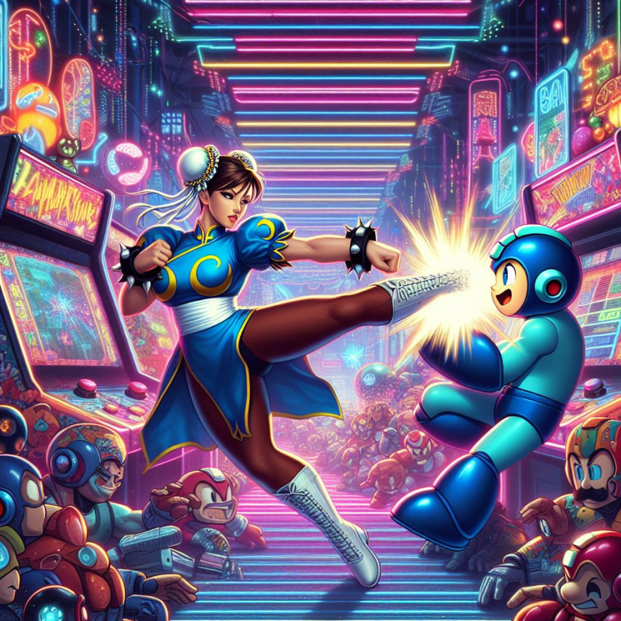 chun li from street fighter punching mega man in an arcade - Generated with AI