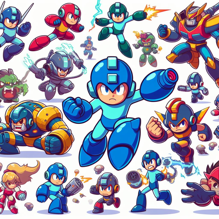 different mega man characters over the years fighting bad guys - Generated with AI