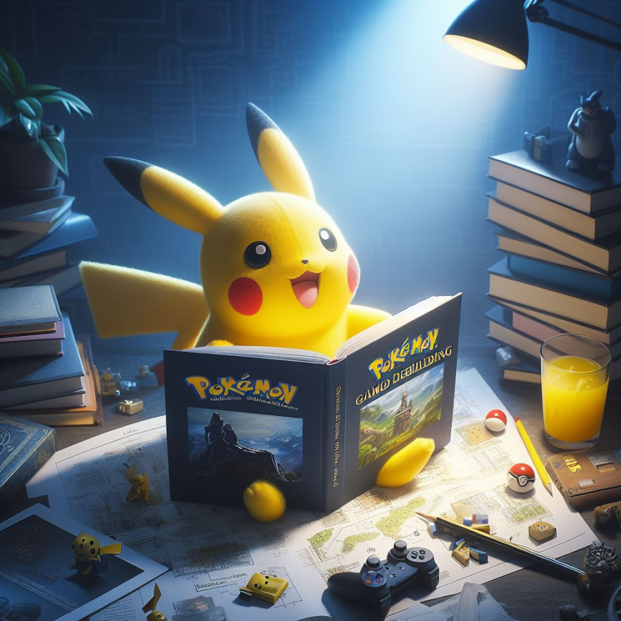 pikachu reading a book on game design and world building - Generated with AI