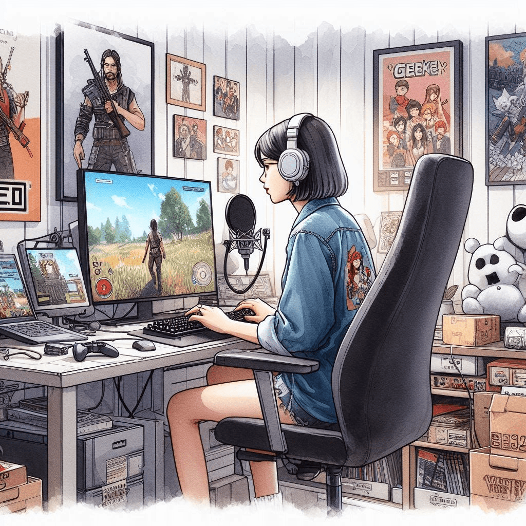 young woman playing a minecraft like game on her computer - Generated with AI