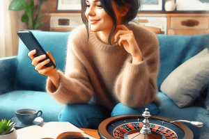 young woman playing online roulette in her home - Generated with AI