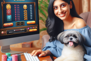 a woman playing an online casino and getting bonuses with a dog on her lap - Generated with AI
