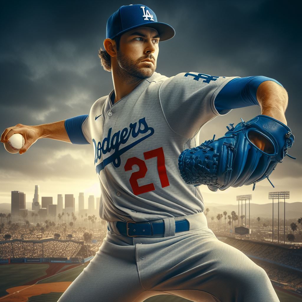 major league baseball pitcher from the dodgers getting ready to throw - Generated with AI