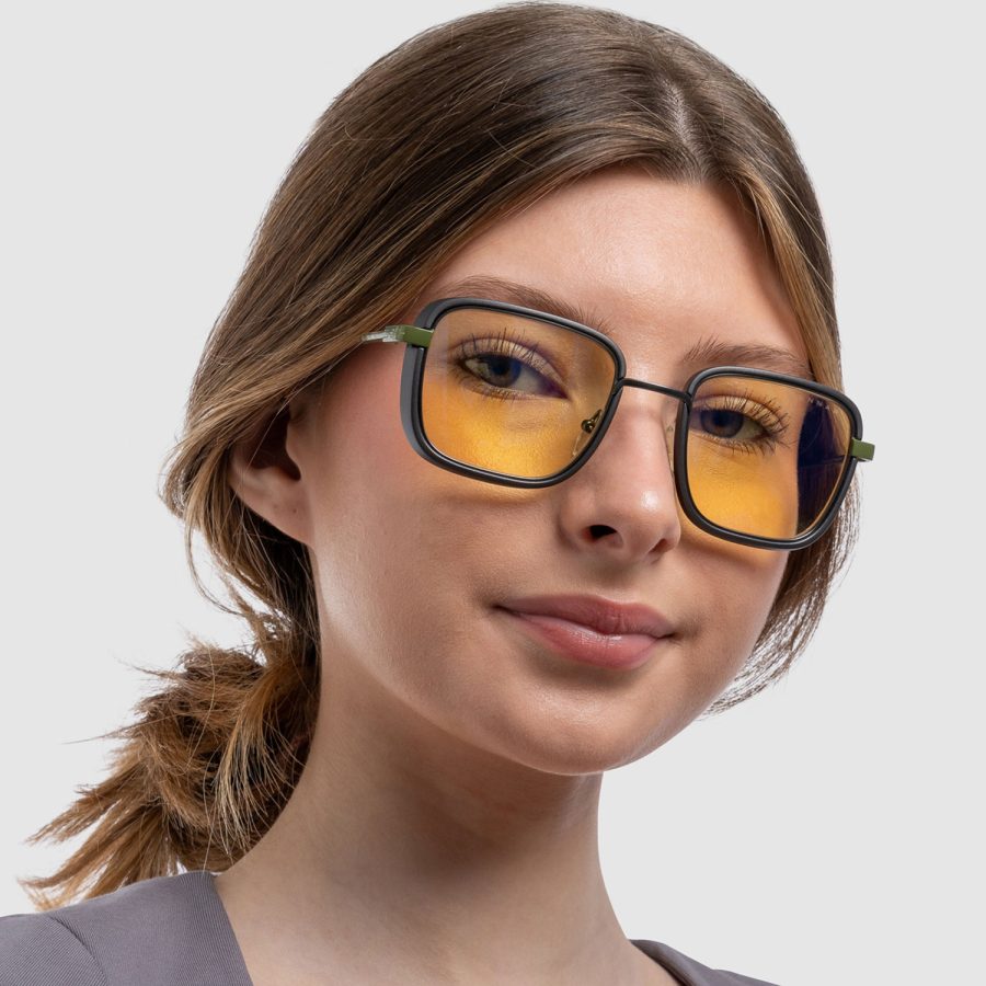 Gunnar Gaming Glasses, Amber Tint, worn by woman