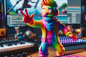 a colorful character that looks like they're from fortnite creating a game in unreal engine with audio equipment in the background - Generated with AI