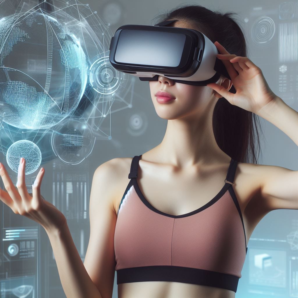 a fit woman wearing vr glasses in an augmented reality environment