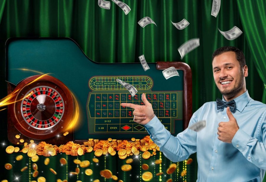 casino dealer pointing at various casino games
