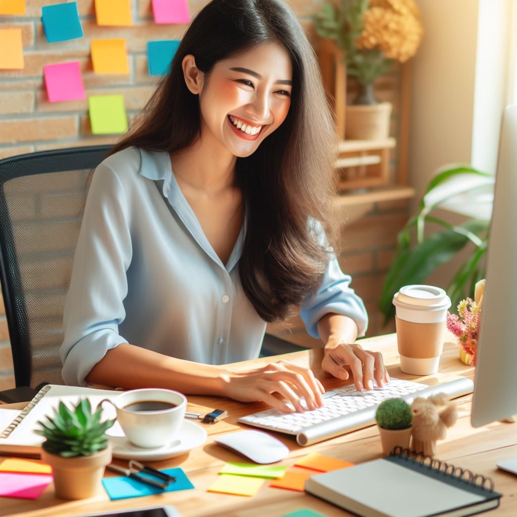 happy woman in front of a computer - Generated with AI