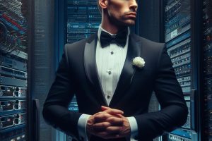 tough security guy in a tuxedo keeping a high-tech data center safe - Generated with AI
