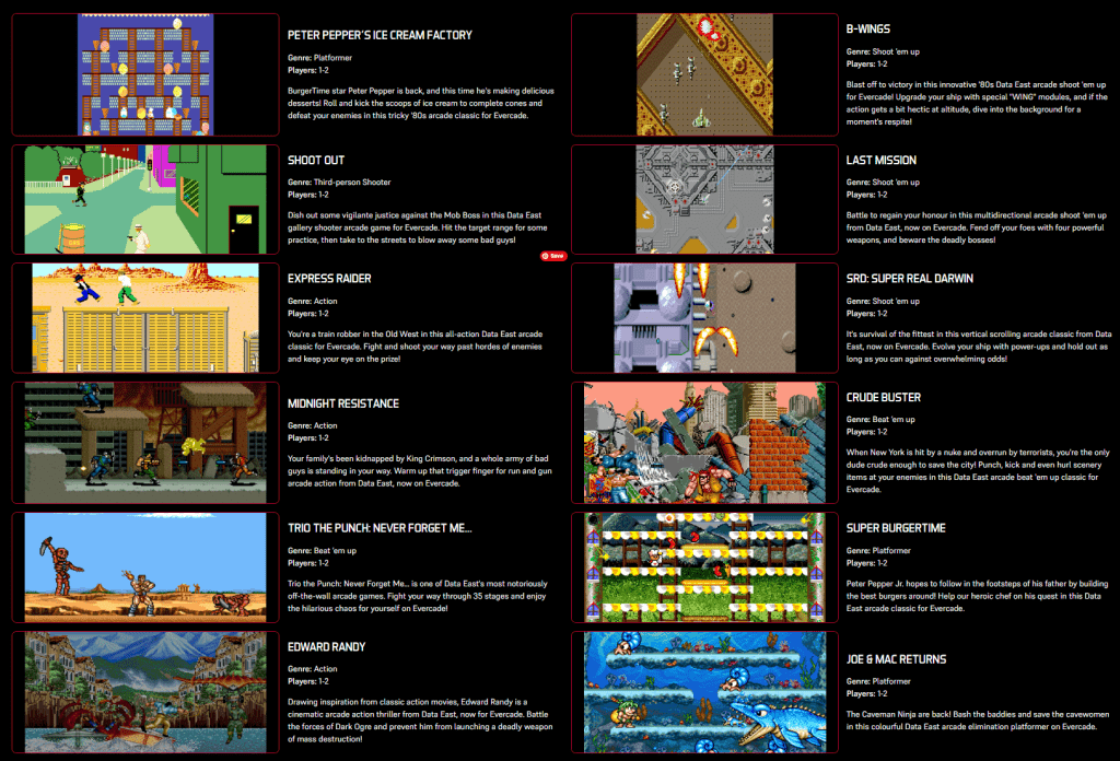 Data East Arcade 2 game list