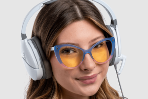 Woman wearing Overwatch D.Va Tokki Edition glasses