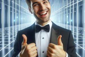 a happy man dressed in a tuxedo in a featureless high-tech room - Generated with AI