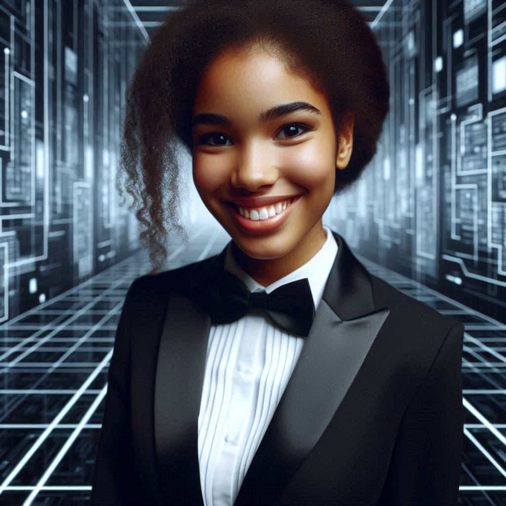 a happy woman dressed in a tuxedo in a featureless high-tech room - Generated with AI