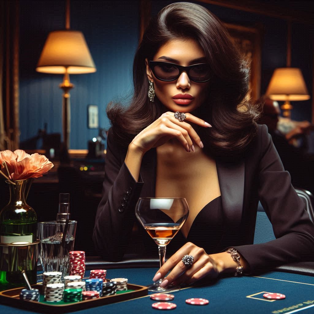 a spy holding a drink who looks like a female James Bond at a high-end casino playing a table game - Generated with AI