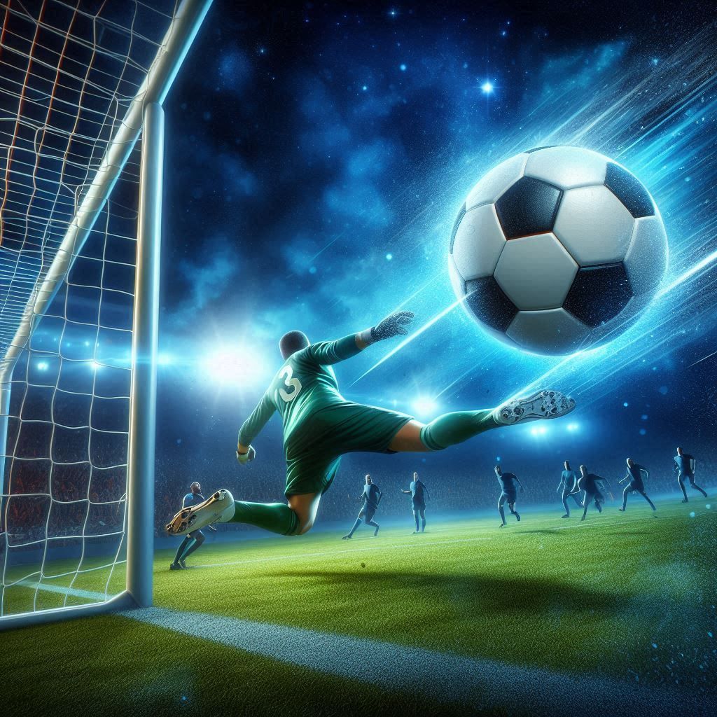 soccer ball hitting a goal as the goalie just misses it - Generated with AI