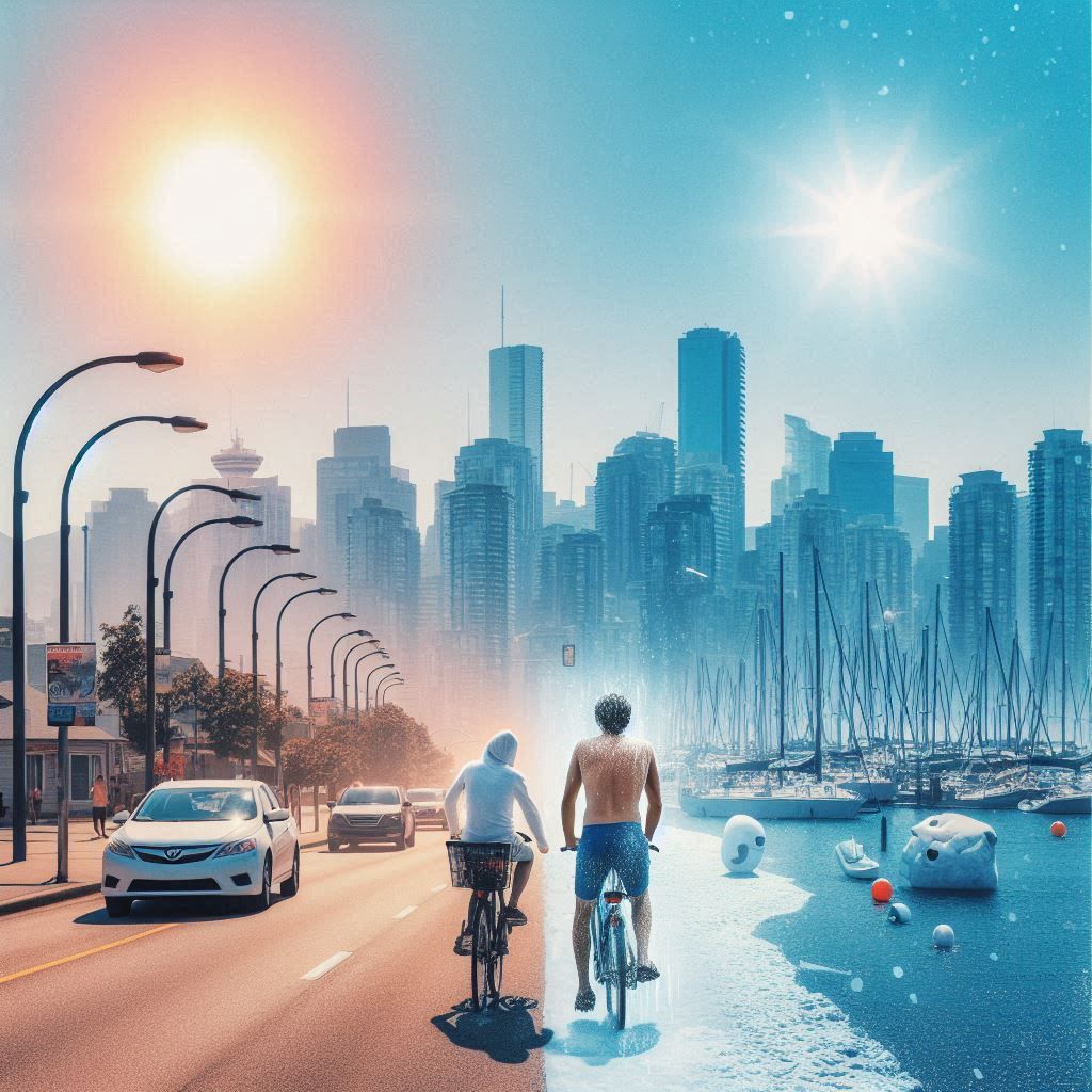 a hot day in the city of Vancouver next to a cold day in the city of Vancouver - Generated with AI