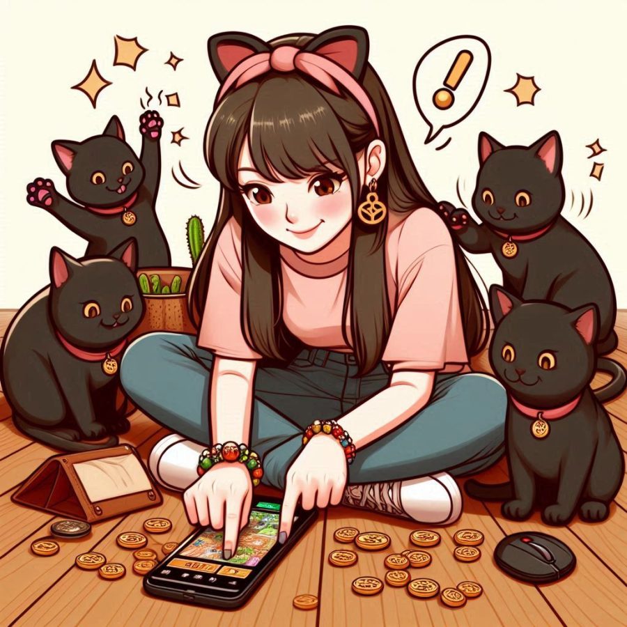 a superstitious woman playing on her smartphone - Generated with AI