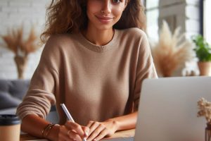 attractive person creating a marketing plan on her laptop - Generated with AI