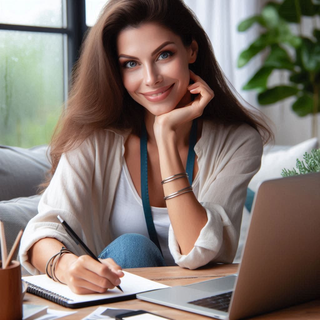 attractive woman creating a marketing plan on her laptop - Generated with AI