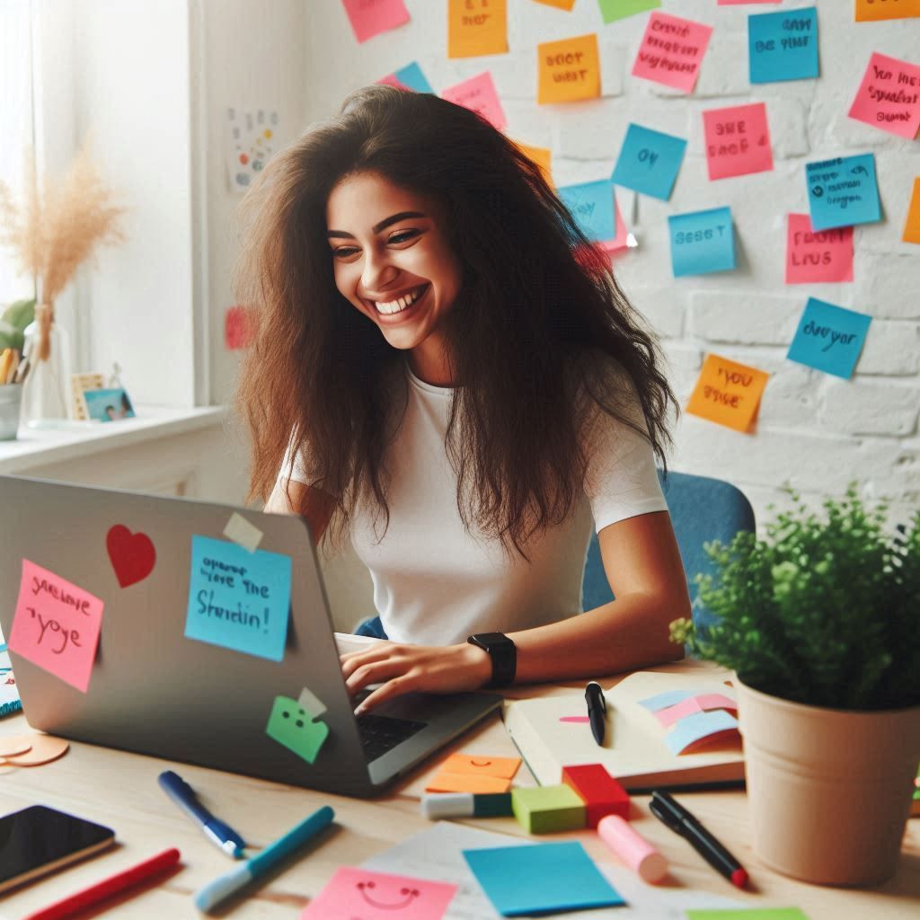 happy looking woman who is working at her laptop - Generated with AI