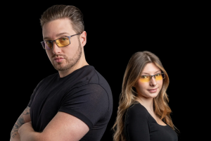 Gunnar Optiks Plaid glasses modeled by a man and woman