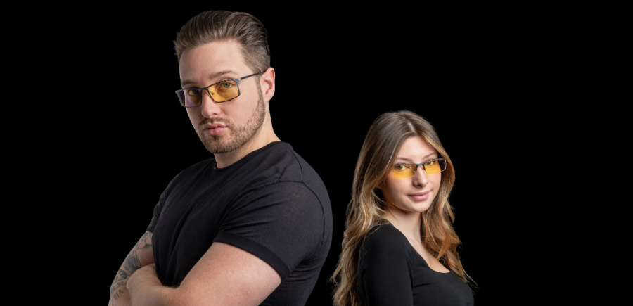 Gunnar Optiks Plaid glasses modeled by a man and woman