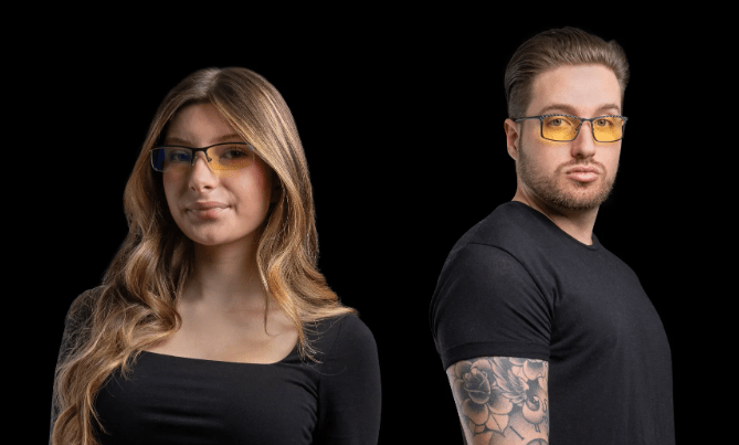 Gunnar Optiks Plaid glasses modeled by a man and woman