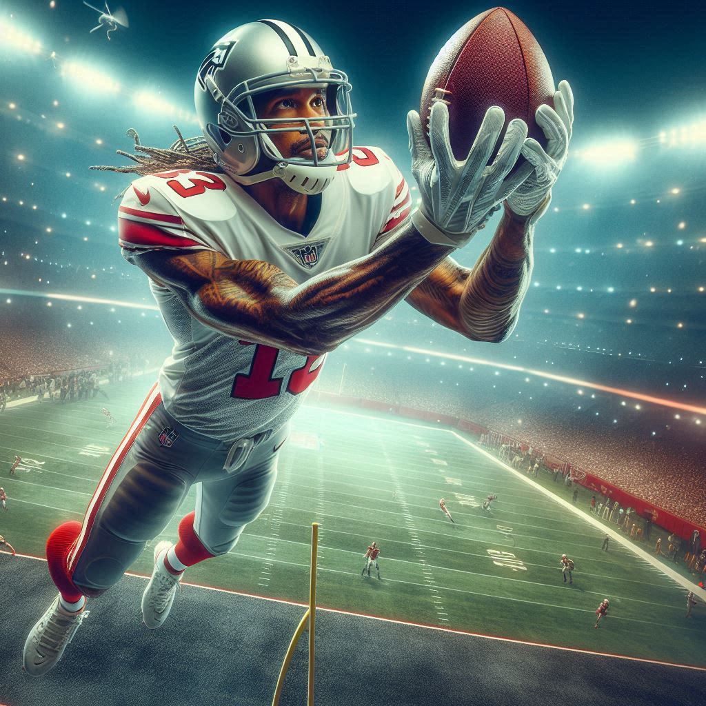 NFL football player catching a pass in the style of a high resolution DLSR camera - Generated with AI