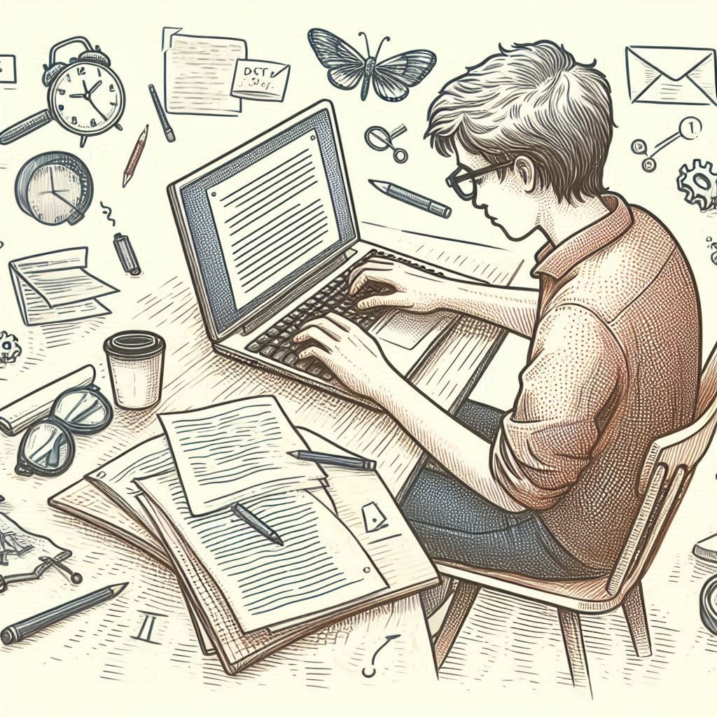 drawing of a college student typing an essay on a computer keyboard