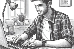 drawing of a college student typing an essay on a computer keyboard