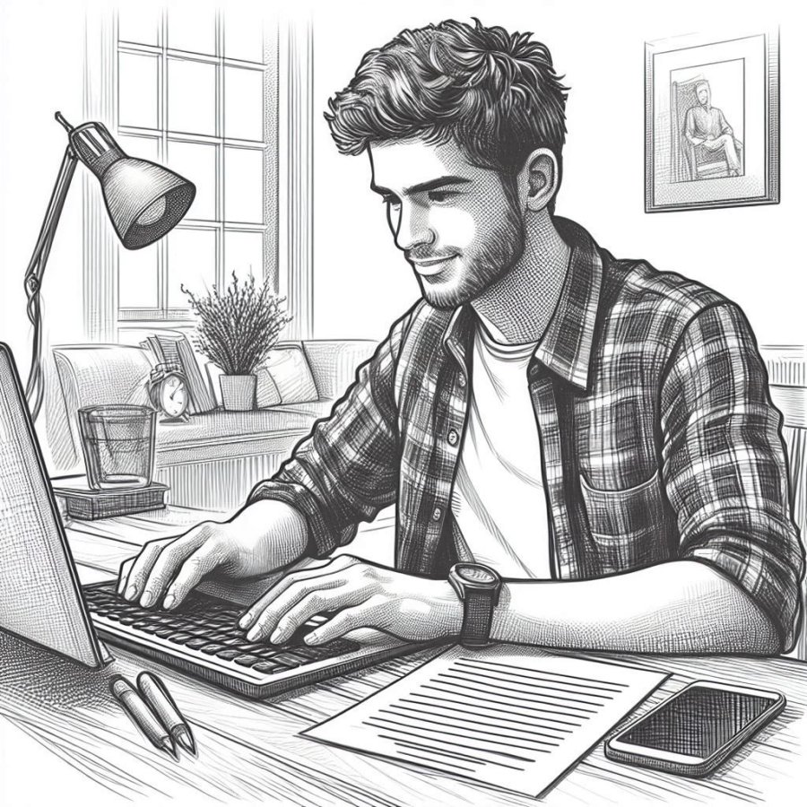 drawing of a college student typing an essay on a computer keyboard