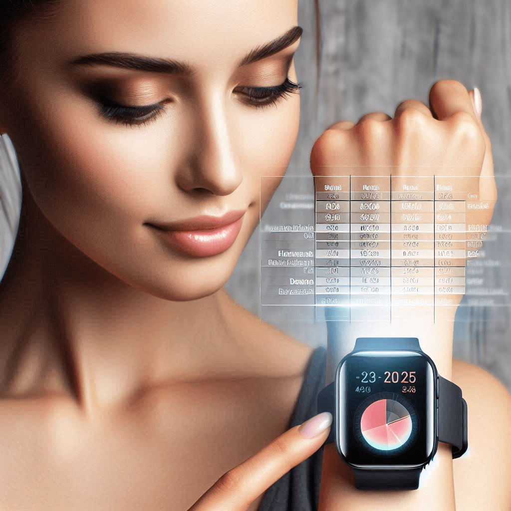 woman looking at a sophisticated smart watch that projects a small image of a spreadsheet - Generated with AI