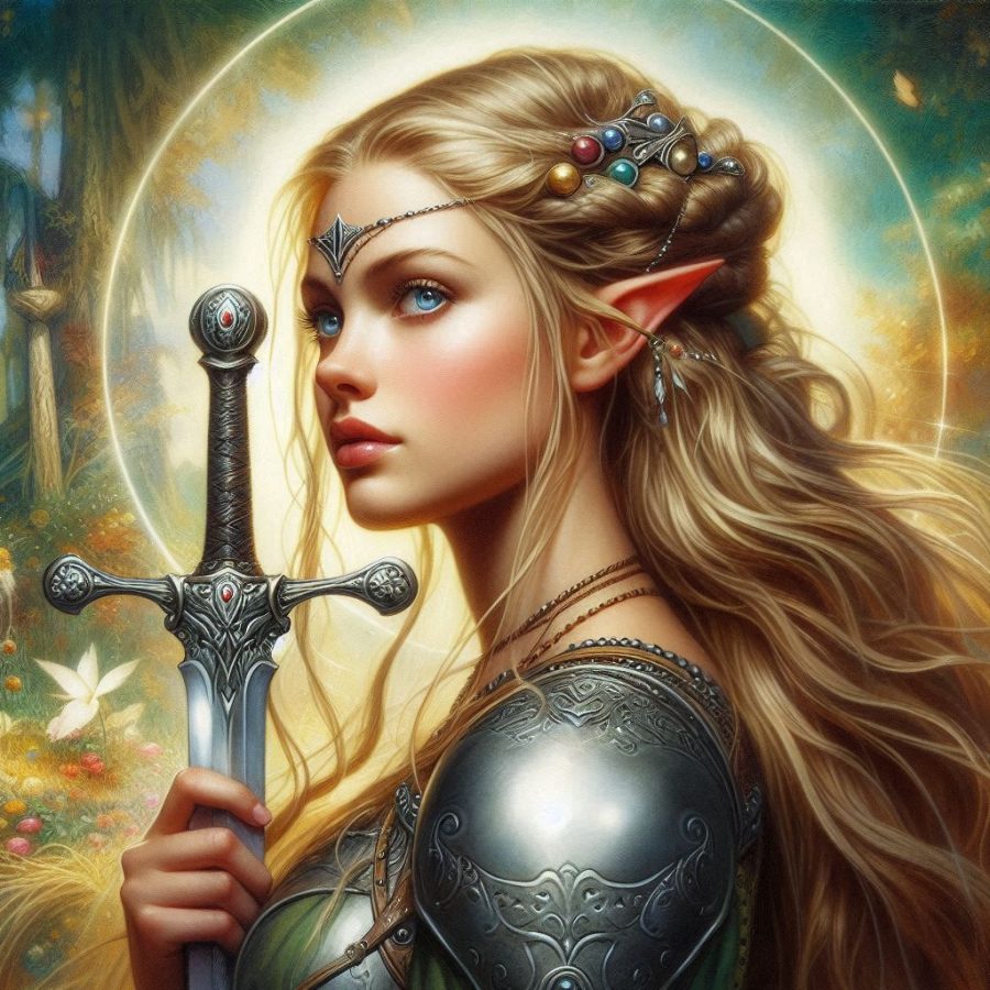 a painting in the style of larry elmore of a beautiful elfen maiden warrior with a sword - Generated with AI