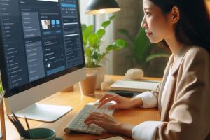 a woman looking at a computer monitor as she develops a Shopify app on a computer workstation - Generated with AI