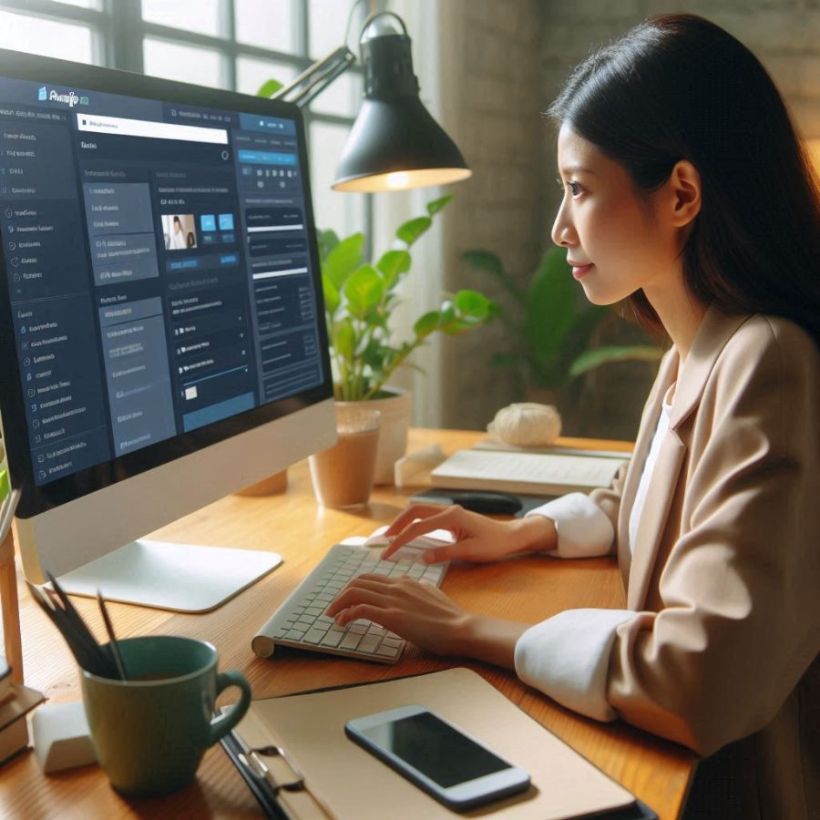 a woman looking at a computer monitor as she develops a Shopify app on a computer workstation - Generated with AI