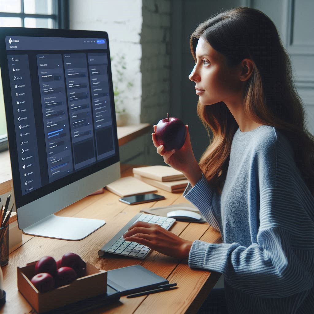 a woman holding an apple and looking at a computer monitor as she develops a Shopify app on a computer workstation - Generated with AI